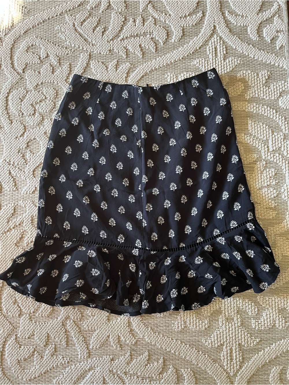 Garnet Hill Navy Blue Mini Skirt with White Floral Motif and Ruffle Hem